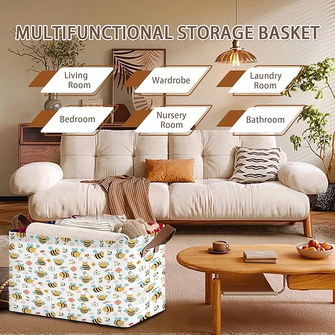 Honeybee Floral Storage Basket Large 17x11.5x10.5 Inche-Collapsible Fabric Organizer Bin with Handles for Garden Decor, Nursery, Spring Theme-Decorative Hamper with Botanical Insect-Single Pack