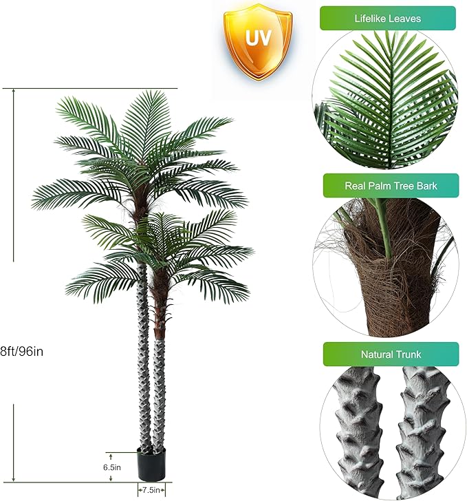 8ft Tall UV Resistant Faux Palm Tree, 96in Artificial Palm Tree Indoor Outdoor, Fake Tree with Real Bark and Realistic Leaves and for Home House Office Living Room Yard Patio.