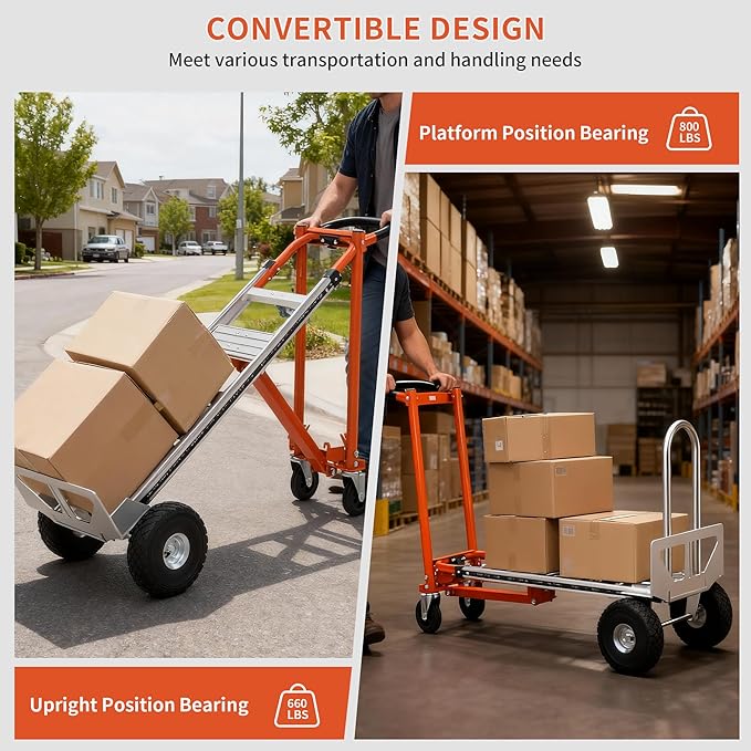 3-in-1 Folding Hand Truck, 800lbs Aluminum Convertible Hand Truck, Dolly for Moving,Heavy Duty Industrial Platform Cart Handtruck for Construction, Logistics, Shopping, Home, Office Moving (Orange)
