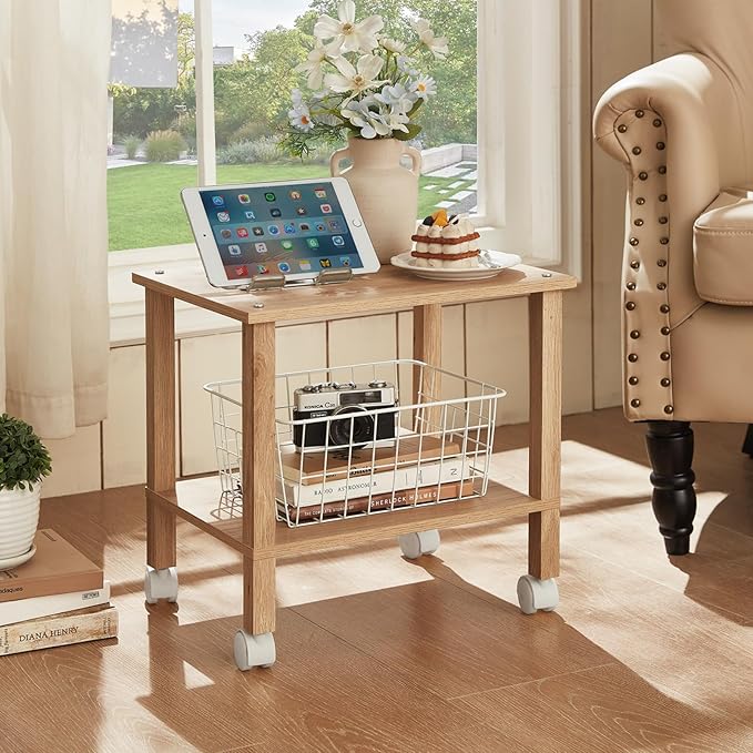 2 Tier Printer Stand with Storage,Under Desk Shelf Printer Table,Small Printer Stand with Wheels,Rolling Printer Cart for Office