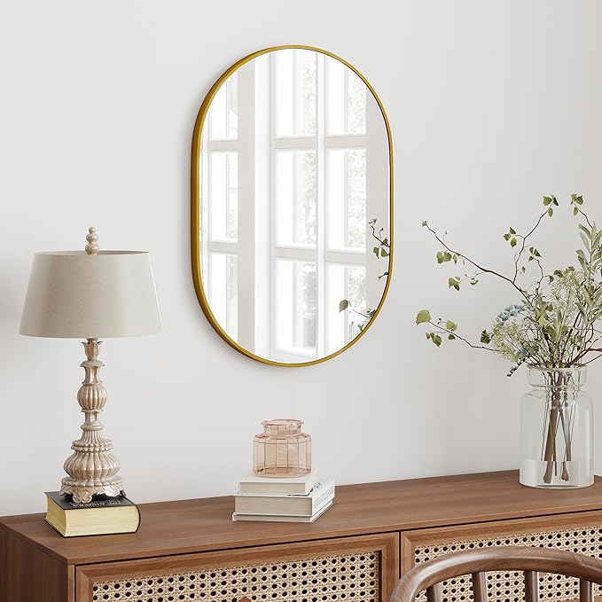 30x20 Mirror Runway Oval Wall Mounted Aluminum Alloy Metal Frame Rectangle Mirrors for Entryway Bedroom Bathroom Living Room 30 20 inch Gold