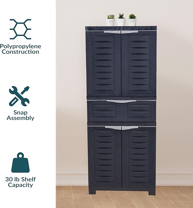 Sunnydaze Plastic Garage Storage Cabinet with 2 Adjustable Shelves - 57" H - Garage, Office, Home, Laundry Room - Charcoal