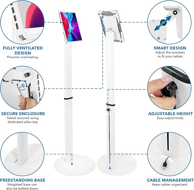 Mount-It! Universal Tablet Floor Kiosk | Theft-Deterrent Tablet Stand | Adjustable Kiosk Floor Mount for iPad, Galaxy & Surface Tablets (White)