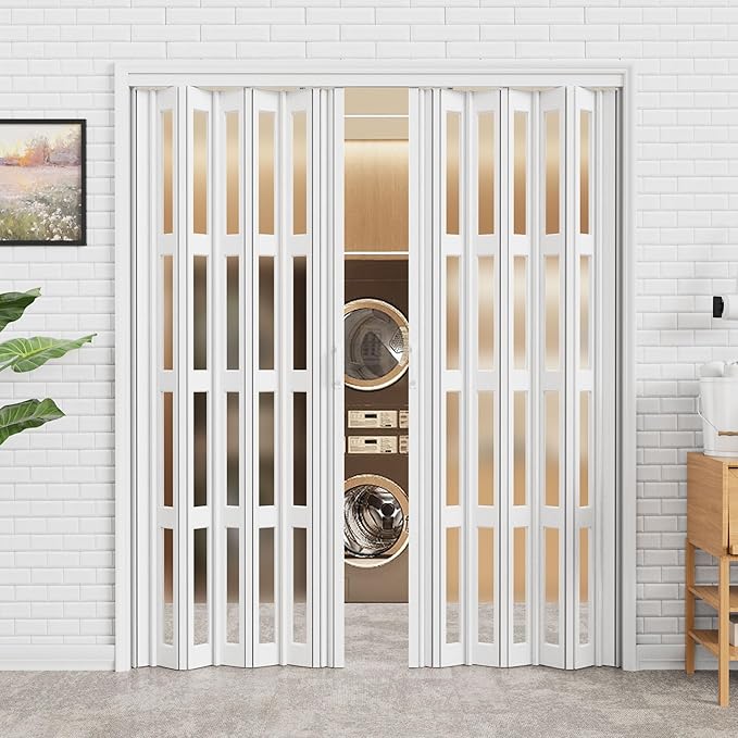 48-72 x 80in (Double 24-36) Accordion Doors Interior Folding Door, 4 Frosted Acrylic Glass PVC Accordion Door with Upgraded Roller & Handle & Complete Hardware, for Closet Bathroom Doorways