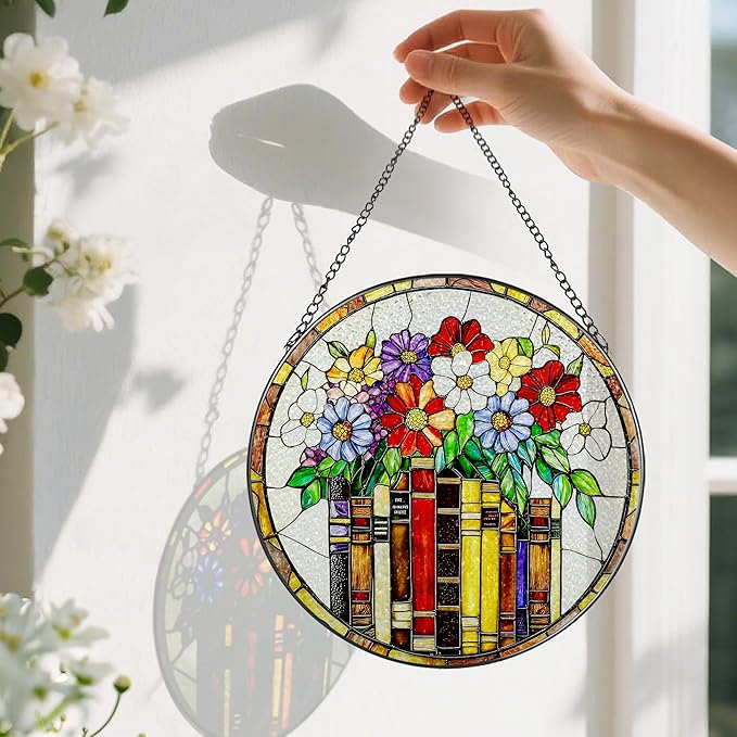 8-Inch Flower Books Stained Glass Ornament, Stained Glass Window Hanging, Window Hanging Decor Suncatcher – Holiday Decor | Gifts for Bookworm, Book Reader, Book Lovers | Holiday Decorators