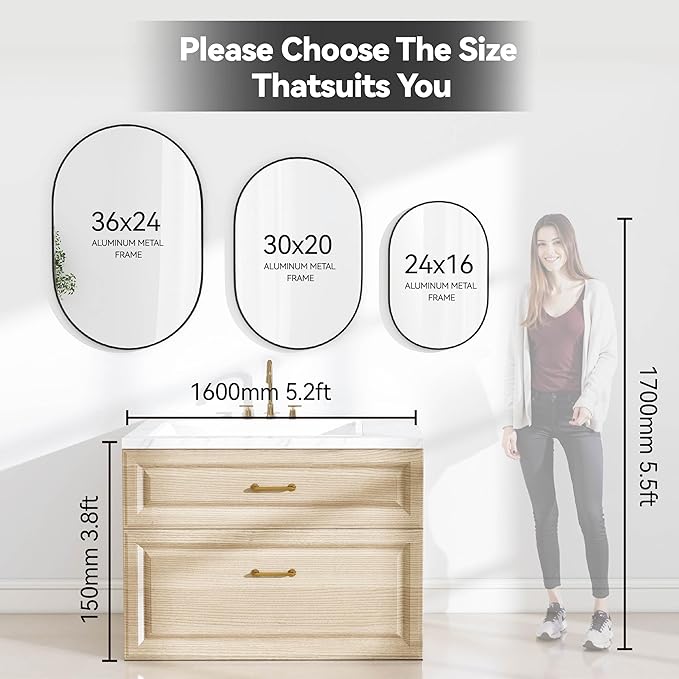 36x24 Mirror Runway Oval Wall Mounted Aluminum Alloy Metal Frame Rectangle Mirrors for Entryway Bedroom Bathroom Living Room 36 24 inch Black