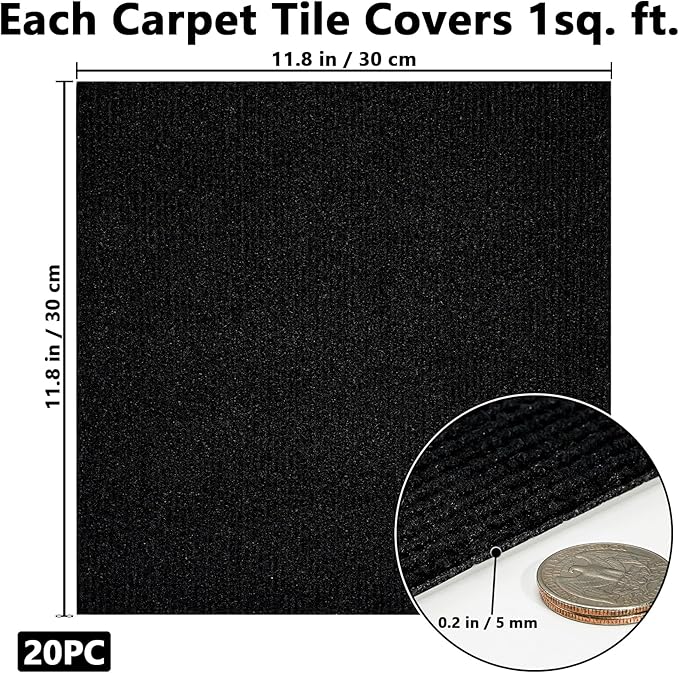 20Pcs Carpet Tiles Peel and Stick, Self Adhesive Carpet Floor Tile 12” x 12”, Black Soft Padded Flooring Sticker, Home Decor for Bedroom Living Room Office, 20 sq ft per Box
