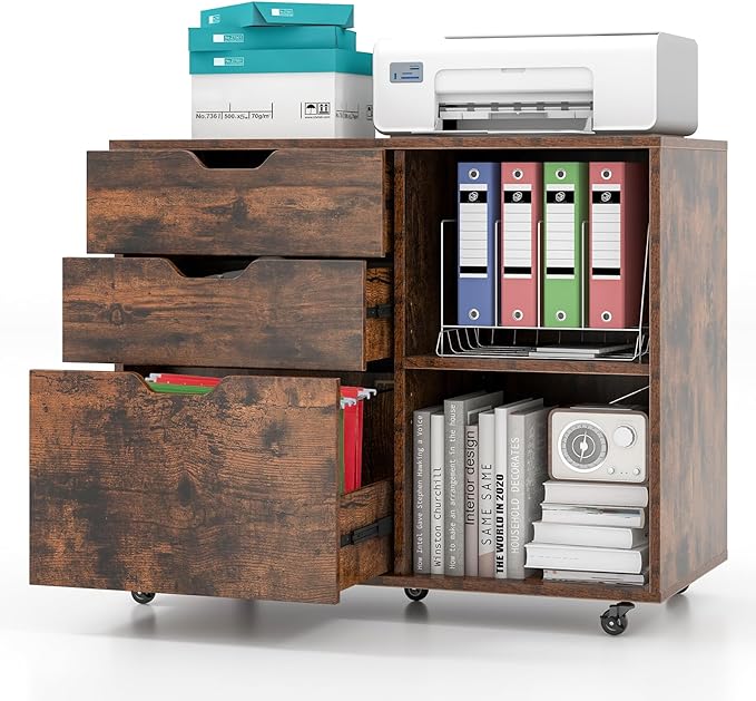 LOKO 3-Drawer File Cabinet, Mobile Printer Stand Cabinet with Adjustable Shelf, Rolling Lateral Filing Cabinet with Wheels for Letter, A4, Legal Size, for Home Office Organization (Rustic Brown)