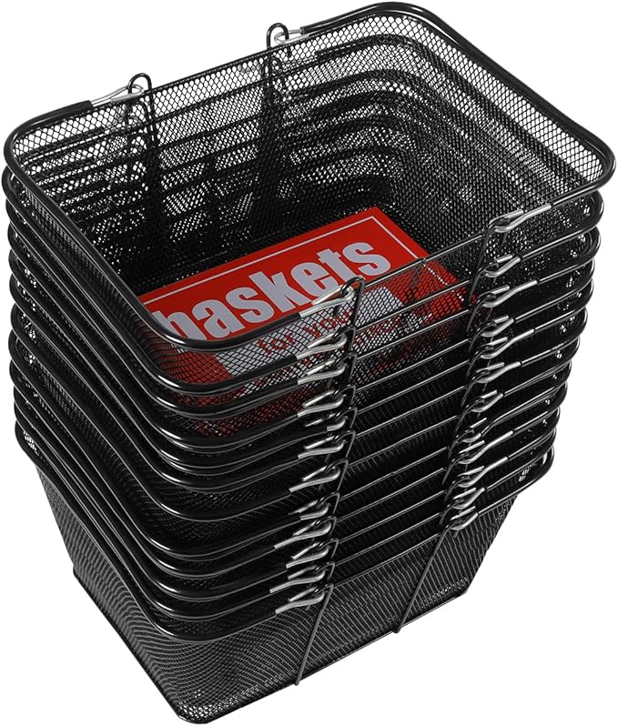 Set of 12 Shopping Baskets with Handles, Portable Black Metal Shopping Basket 15.7" x 12" x 7" Wire Mesh shopping Basket with Stand for Retail Stores Supermarket Grocery