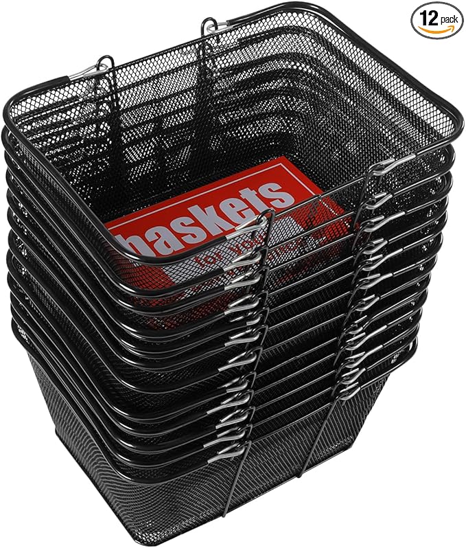 12PCs 19L Iron Shopping Baskets with Handles, Black Wire Mesh shopping Basket Store Baskets Used for Supermarket, Retail, Bookstore, 15.7x12x7inch, Capacity: 10kg/22lbs