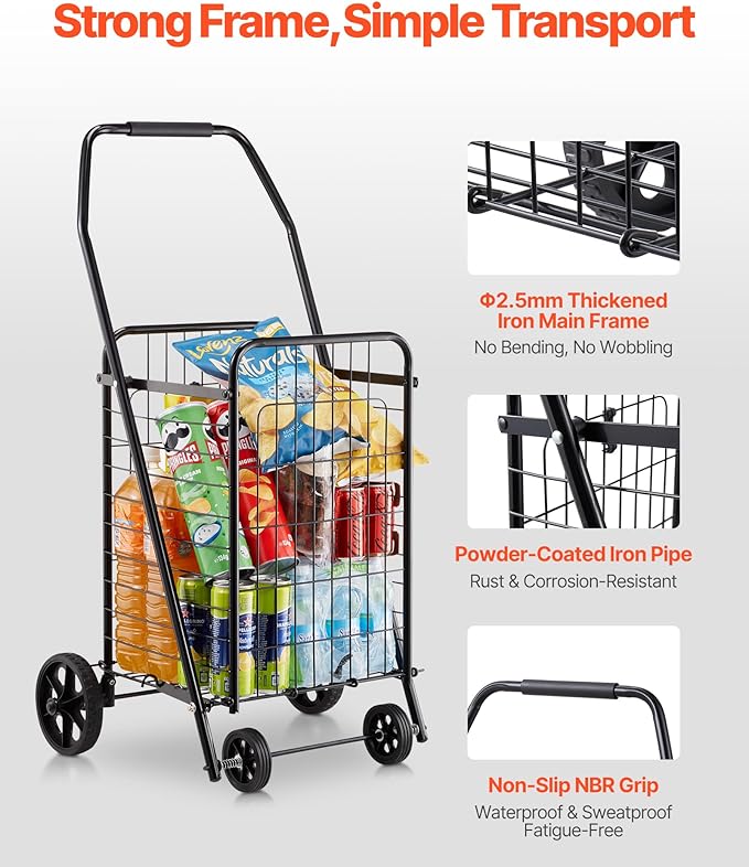 VEVOR Shopping Cart, Folding Grocery Utility Cart with Swivel Wheels, 90 LBS Large Load Capacity, Heavy Duty Rolling Laundry Basket Butler for Laundry, Shopping, Camping, Grocery, Luggage, Black