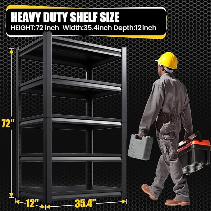 5-Tier Garage Shelving Heavy Duty, Adjustable Metal Shelving Unit, 2500LBS Garage Storage Shelves, Easy Assembly Steel Shelving, Utility Storage Rack Shelf for Warehouse, 72”H*35.4”W*12”D