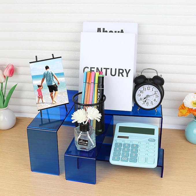 ELEGANTLIFE Acrylic Display Riser,4.3mm Heavy Duty Crystal Display Stand Shelf Layered Aesthetic, Jewelry Display Shelf Risers for Décor,4 Pack Set Multi-color (Blue)