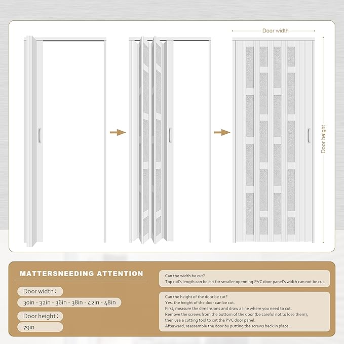 30X79in Frosted Acrylic Glass PVC Accordion Folding Door for Closet,Multifold Interior Door with Installation Hardware,Includes Handle and Latch,White Beech