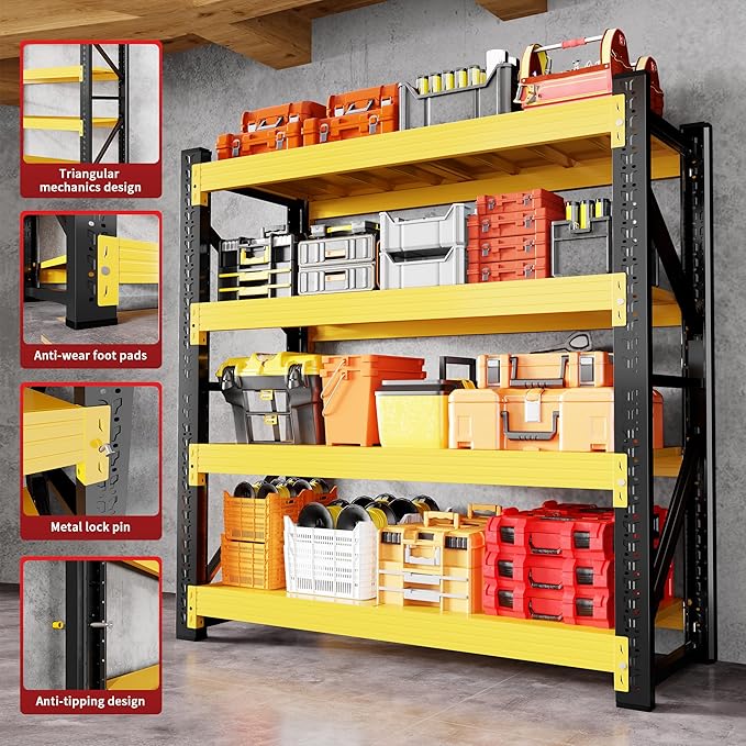 5000LBS Heavy Duty Garage Shelving 59" W Garage Storage Shelves 4-Tier Metal Adjustable Shelf Unit Storage Rack for Basement Supermarket Warehouse 59" W x 24" D x 78" H Yellow
