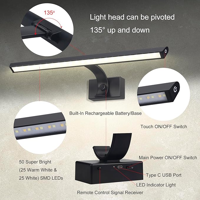BIGMONAT 16inch Wireless LED Picture Light with Remote, 4400mAh Rechargeable Operated Picture Light with Timer and Dimmable, Metal Display Lamp for Wall, Frame Portrait Art, Matte Black