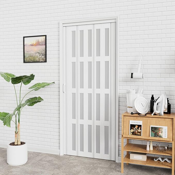 24-36 x 80in Accordion Doors Interior Folding Door, White PVC Accordion Door with 4 Frosted Acrylic Glass with Upgraded Roller & Handle & Complete Hardware, for Closet Bathroom Doorways