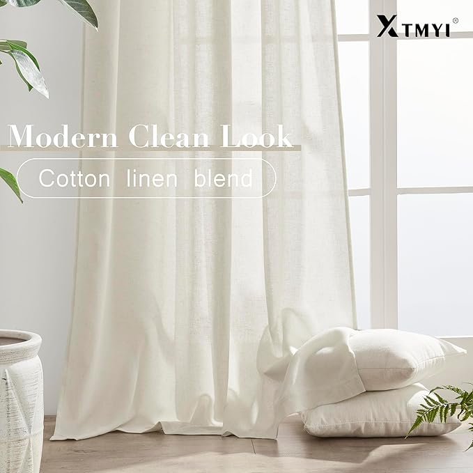 XTMYI 86 Inch Linen Curtains,2 Panels Set Semi Sheer Boho Back Tab Pleated Rod Pocket Curtain Drapes for Living Room Bedroom,Cream Ivory,40x86 in Long