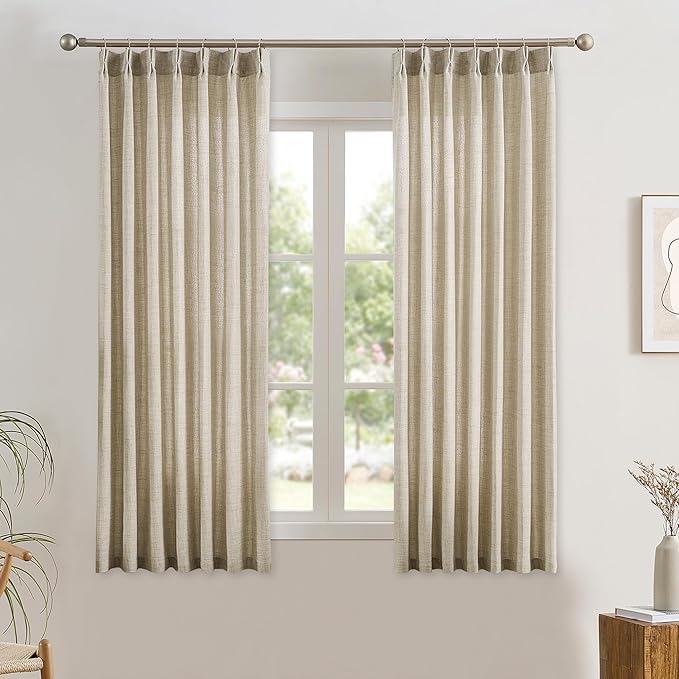 RAIN CITY Pinch Pleated Sheer Short Curtains 63 Inches Long, Light Filtering Basement Drapes for Small Window Nursery Privacy Back Tab Semi Sheer Curtains for Bedroom 2 Panels Set Beige Color 42x63