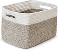 Shelf Woven Storage Basket, 15 x 10 x 9” Closet Rope Baskets For Organizing, Square Bins with Handles, White+Rice Brown 1 Pack