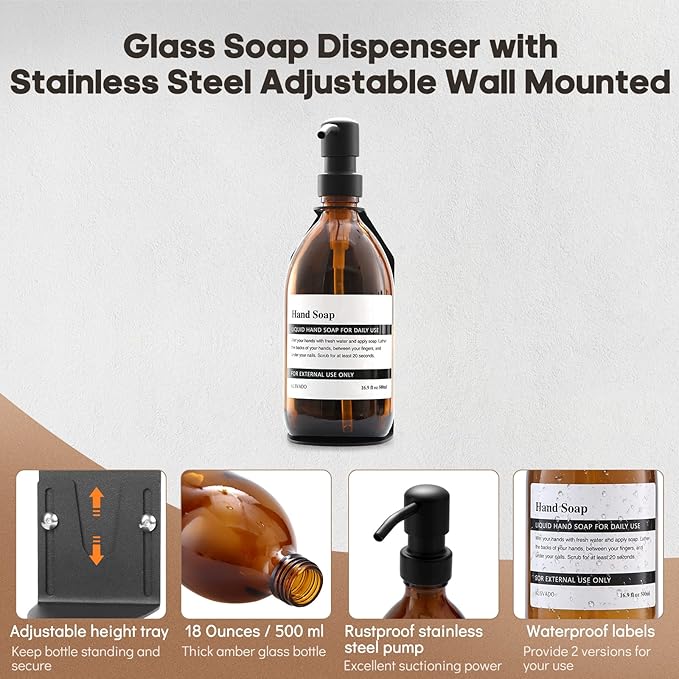 Glass No-Drill Wall Mounted Shower Soap Dispenser, Hand Soap Dispenser with Adjustable Stainless Steel Holder for Bathroom and Kitchen-(Black 1 Chamber, 18 OZ)