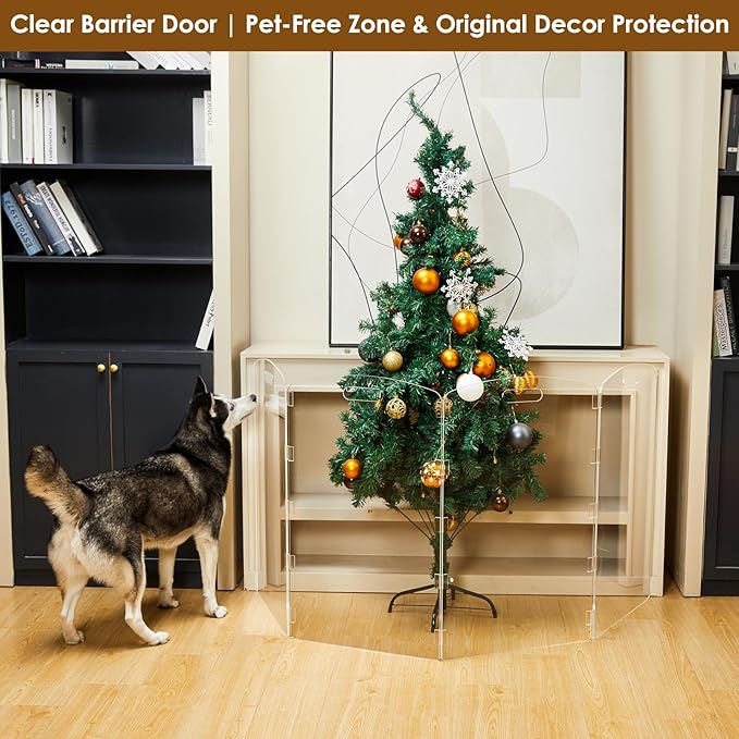 Modern Frame Clear Acrylic Freestanding Dog Gate - 32" Tall Extra-Wide Folding 4-Panel Pet Barrier for Doorways, Stairs & Large Openings, Indoor Fence for Small to Large Dogs & Cats