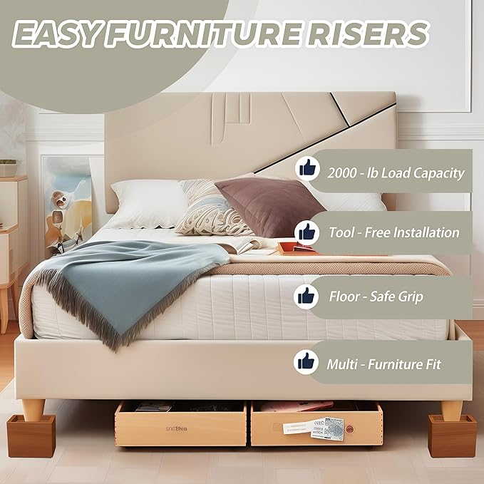 3-Inch Solid Pine Furniture Risers – 2000LBS Capacity, Tool-Free Install, Natural Wood Design for Beds, Sofas & Desks (3 Inch)
