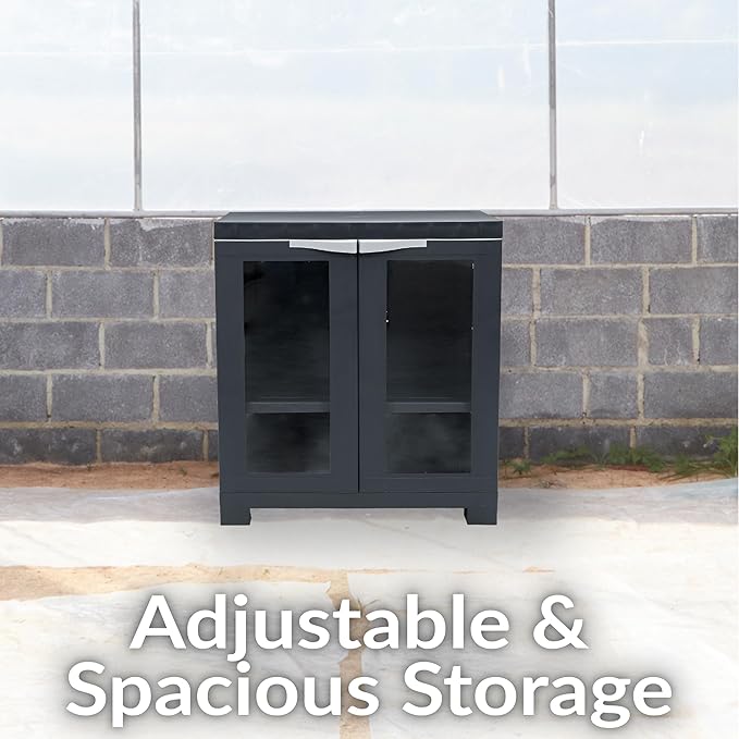 Sunnydaze Storage Cabinet with 2 Acrylic Glass Doors - Plastic Storage Cabinet - 25.5" H - Garage, Office, Home, Laundry Room
