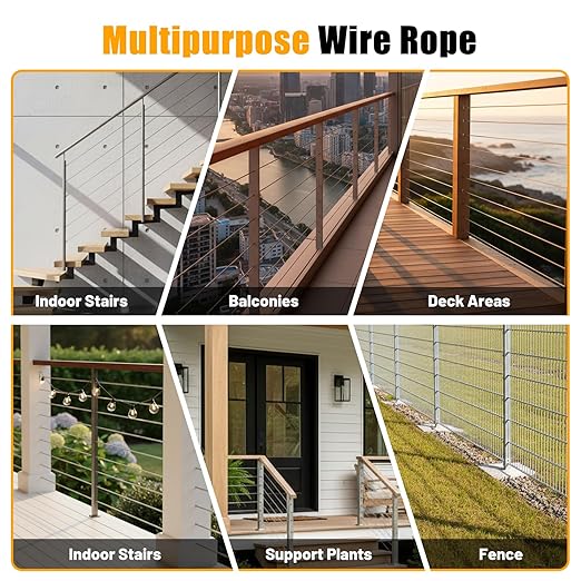 AHEONLAR 500FT 1/8" T316 Stainless Steel Cable for Railing,7x7 Wire Rope with Cutter,1850 lb Breaking Strength,Deck Stair Fence Hardware Kit for Indoor Outdoor Use,Black