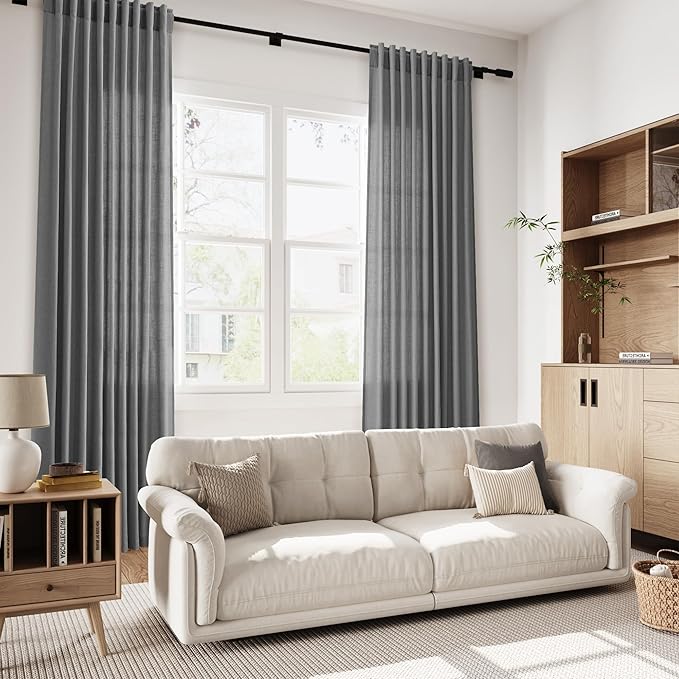 Nanspring Blazer Grey Curtain Linen Blend Light Filtering Back Tab Curtains 84 Inches Long, Semi Sheer Privacy Drapes for Living Room & Bedroom,Simple Style 52x84 inch, 2 Panels