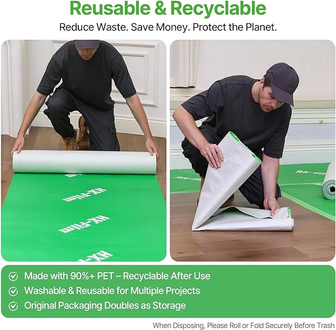 39" x 50' Heavy-Duty Floor Protection | Construction Grade Carpet Protector | Drop Cloth Plastic Film for Hardwood Floors | Waterproof Painters Covering with No Residue (Green)