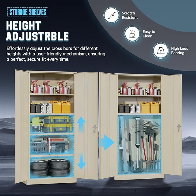 Superday Metal Storage Cabinet with Lock, 72" H Garage Storage Cabinet with Doors and 4 Adjustable Shelves,Putty Steel Locking Cabinets for Office, Home, Garage, Gym, School