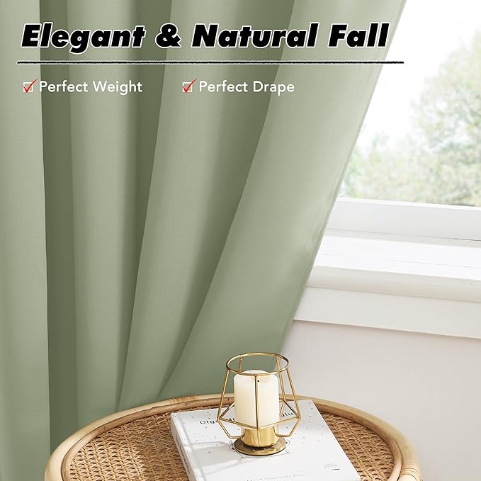 KGORGE Short Blackout Curtains for Small Window, Privacy Thermal Insulated Bathroom Curtains Noise Reducing Drapes for Bedroom Kitchen Cafe Living Room, W34 x L45 inches, Sage Green, 2 Panels