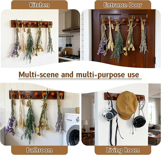 Rustic Hanging Herb Drying Rack–Space-Saving Design Holds 7 Bouquets,Fits Window,Door Kitchen Areas-Great for Kitchen Witches Herb Display-Unique Gift for Gardening Enthusiasts-Wall Art Décor