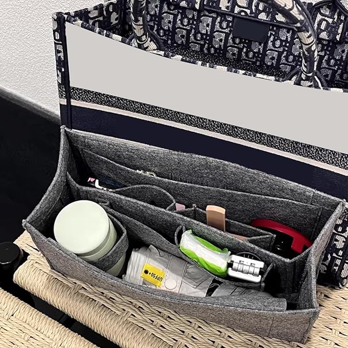 Doxo Purse Organizer Insert, Felt Tote Organizer Insert with Zipper, Bag Liner Perfect for L Onthego MM 35 & D Book Tote Medium (Grey-With Cover)