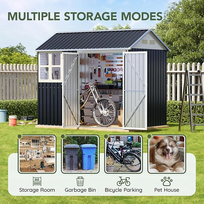8x6 FT Outdoor Metal Storage Shed with Floor Frame, Double Doors, 1 Clear Window, Tool Shed for Garden, Patio, Backyard