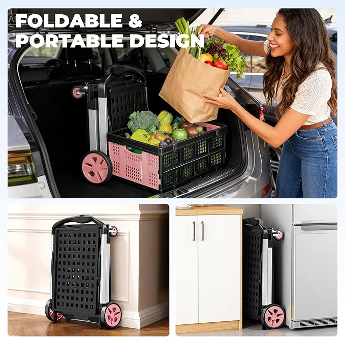 Collapsible Shopping Cart with Wheels, 8-in-1 200LBS Capacity Grocery Cart on Wheels with 2 Storage Crate, Folding Utility Cart for Shopping, Travel, Supermarket, Office, Pink