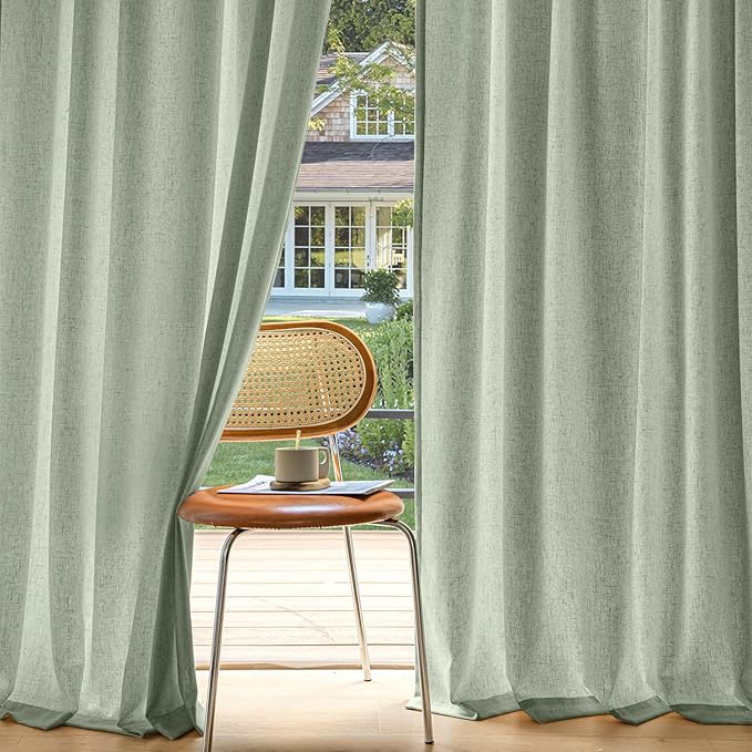 MIULEE Non-See-Through Privacy Linen Curtains 2 Panels, Sage Green Light Filtering Window Curtains 96 Inches Long, Farmhouse Textured Back Tab Semi Sheer Drapes for Bedroom Living Room, Light Green