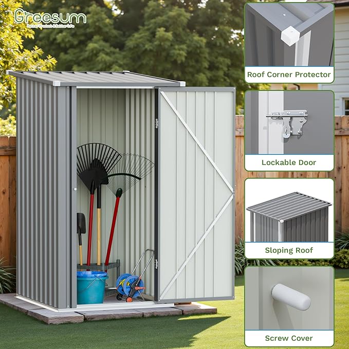 Greesum 3×3FT Outdoor Storage Shed, Metal Sheds with Sloping Roof and Lockable Single Door, Steel Tool Shed for Backyard, Bike, Patio, Garage, Lawn, Dark Gray