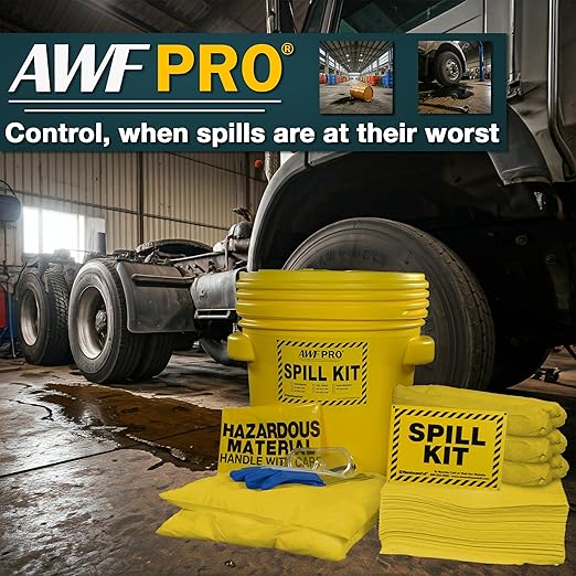 AWF PRO 20 Gallon Hazmat Spill Kit, 59 Pieces – 20 gal DOT Approved Drum, Socks, Pads & Pillows, & Accessories