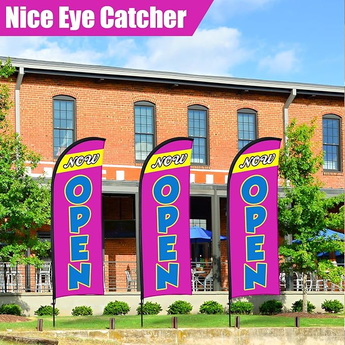 Buryeah 3 Sets Now Open Feather Flag Pole Kit for Business Advertising 7 ft Open Flag Banner Sign with Pole Kit Ground Stake and Portable Bag for Outside Ground (Lavender)