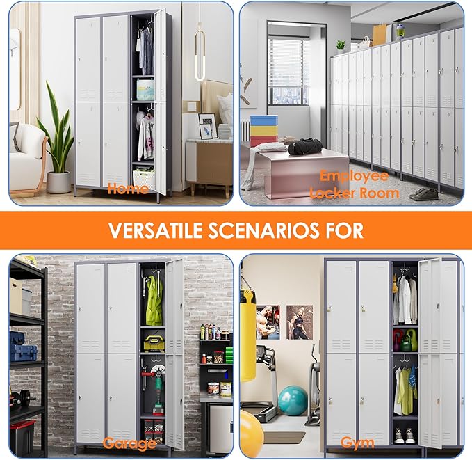 Aobabo Upgraded Metal Storage Locker for Employees, 6 Doors Metal Locker Cabinet with Lock and Name Card Slot, Industrial Storage with 18 Hooks, for Office Gym, Assembly Required,Grey White