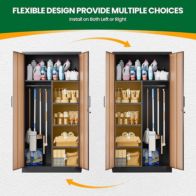 Broom Closet Storage Cabinet with Lock, Metal Garage Storage Cabinet with Doors and Shelves, Steel Wardrobe Cabinet with Hanging Rod, Utility Cabinets Closet for Kitchen, Office, Shop, Warehouse