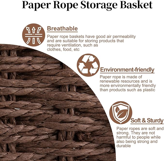 OIAHOMY Wicker Basket, Paper Shelf Basket with Built-in Handles, Rectangular Wicker Storage Bin for Pantry, Shelves, 1 Pack-Brown