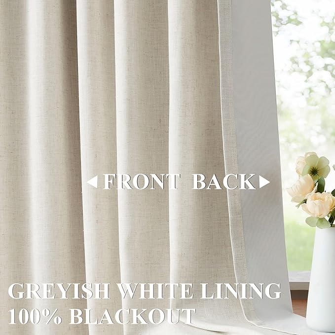 Vision Home Natural Pinch Pleated Full Blackout Curtains Linen Blended Room Darkening Window Curtains 108 inch for Living Room Bedroom Thermal Insulated Pinch Pleat Drapes with Hooks 60" Wx108 Lx1