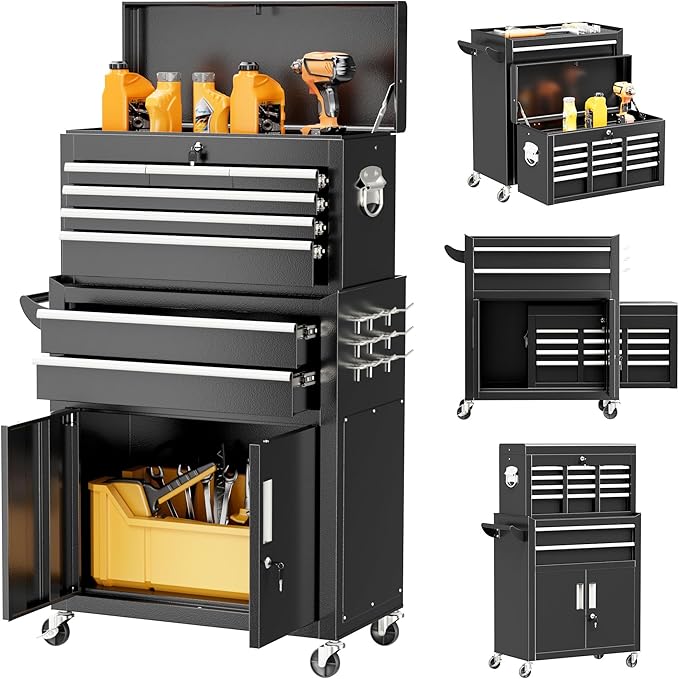 Superday Metal Tool Chest, 8 Drawer Rolling Tool Chest with Wheels, Detachable Tool Storage Cabinet with Lock for Garage, Steel Tool Cart with Liner & Hooks for Workshop, Warehouse (Black)