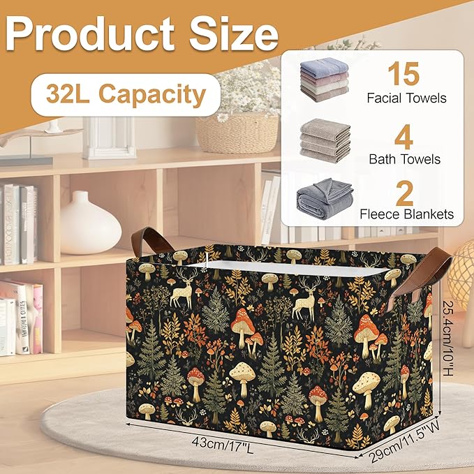 Decorative 32L Forest Mushroom Storage Bins with Handles, Organization and Storage, Cube Storage Organizer for Hamper, Nursery