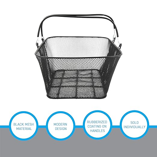 SSWBasics Black Metal Shopping Basket with Handles - 17”W x 12”D x 7”H - Durable and Sleek Grocery Basket for Grocery, Market, Retail, and Thrift Stores - Lightweight, Stackable Shopping Baskets for