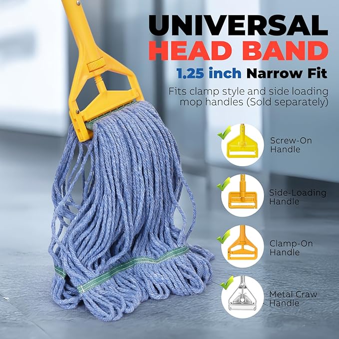 Onesimus 20 oz Mop Head Replacement, Industrial Mops for Floor Cleaning Heavy Duty 4-Ply Cotton Blend Looped End Wet Mop Refills 1.25 in Universal Headband Fit Most Handles, 3 Pack Large Blue