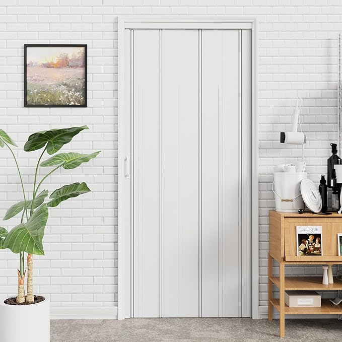 37-48 x 80in Enhanced Accordion Doors Interior Folding Door, White PVC Accordion Door with Upgraded Roller & Handle & Complete Hardware, for Closet Bathroom Doorways